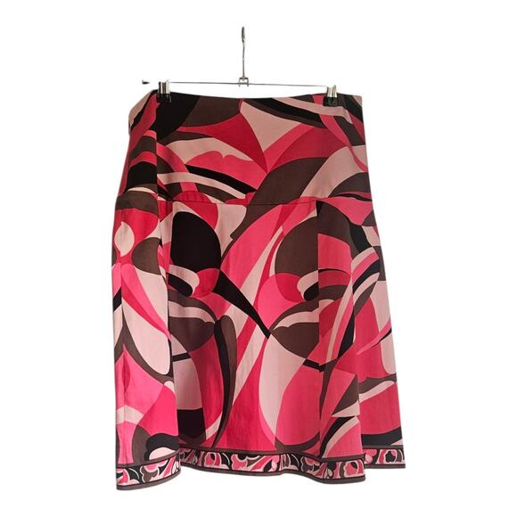 Elie Tahari Skirt Pink Brown Print Drop Waist A-Line Hem Border Women Sz 14 Geo - Picture 2 of 13